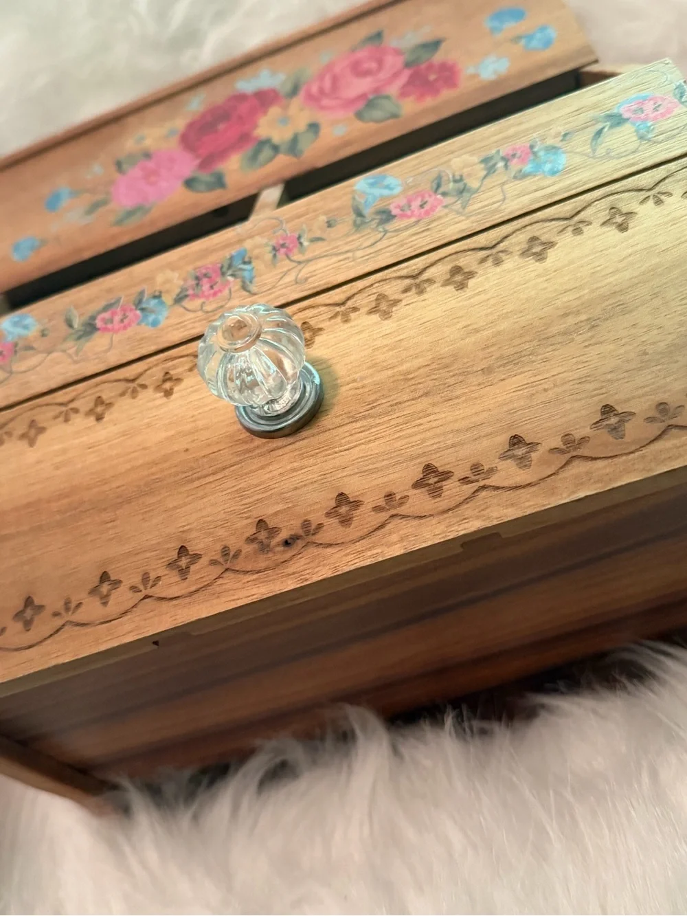Pioneer Woman Hand-Painted Floral Wooden Storage Box - Natural Wood and Pink